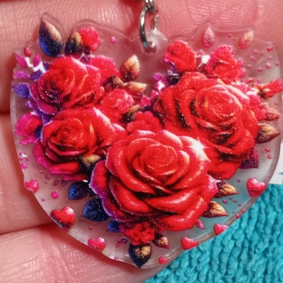 Heart-Shaped Red Rose Earrings Dangle Wire - Picture 1 of 3